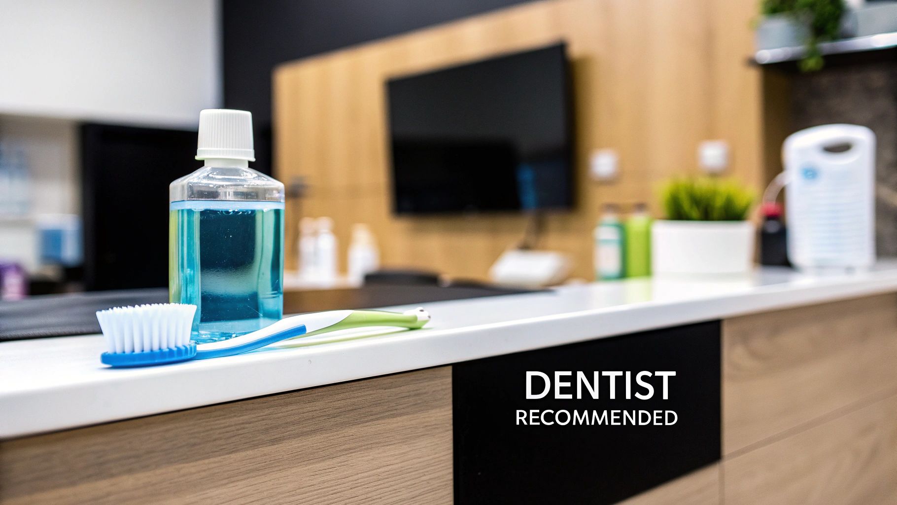 Close-up of a blue toothbrush and mouthwash bottle, commonly dentist recommended.