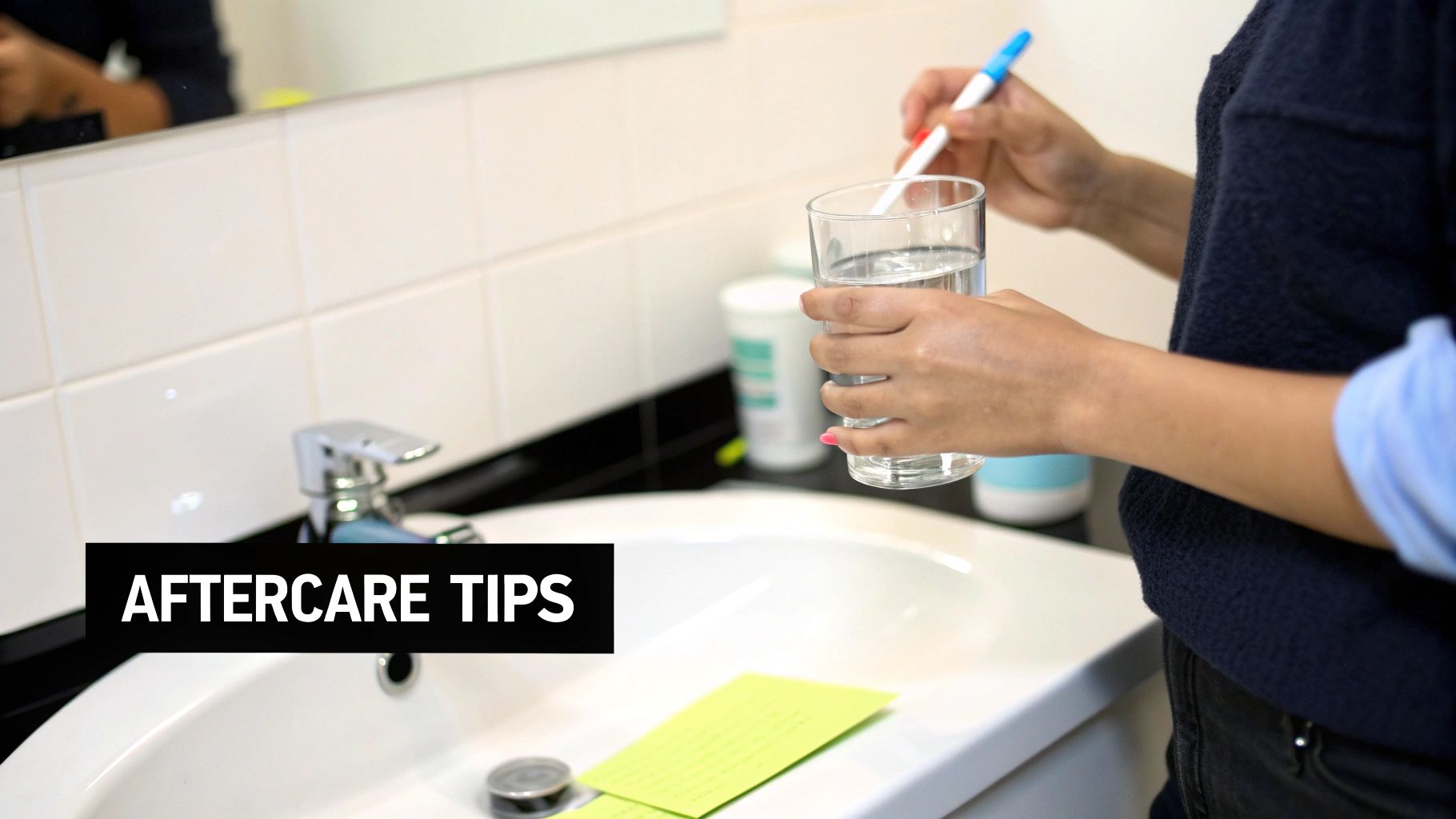 A person holds a glass of water and a teeth whitening pen above a bathroom sink.