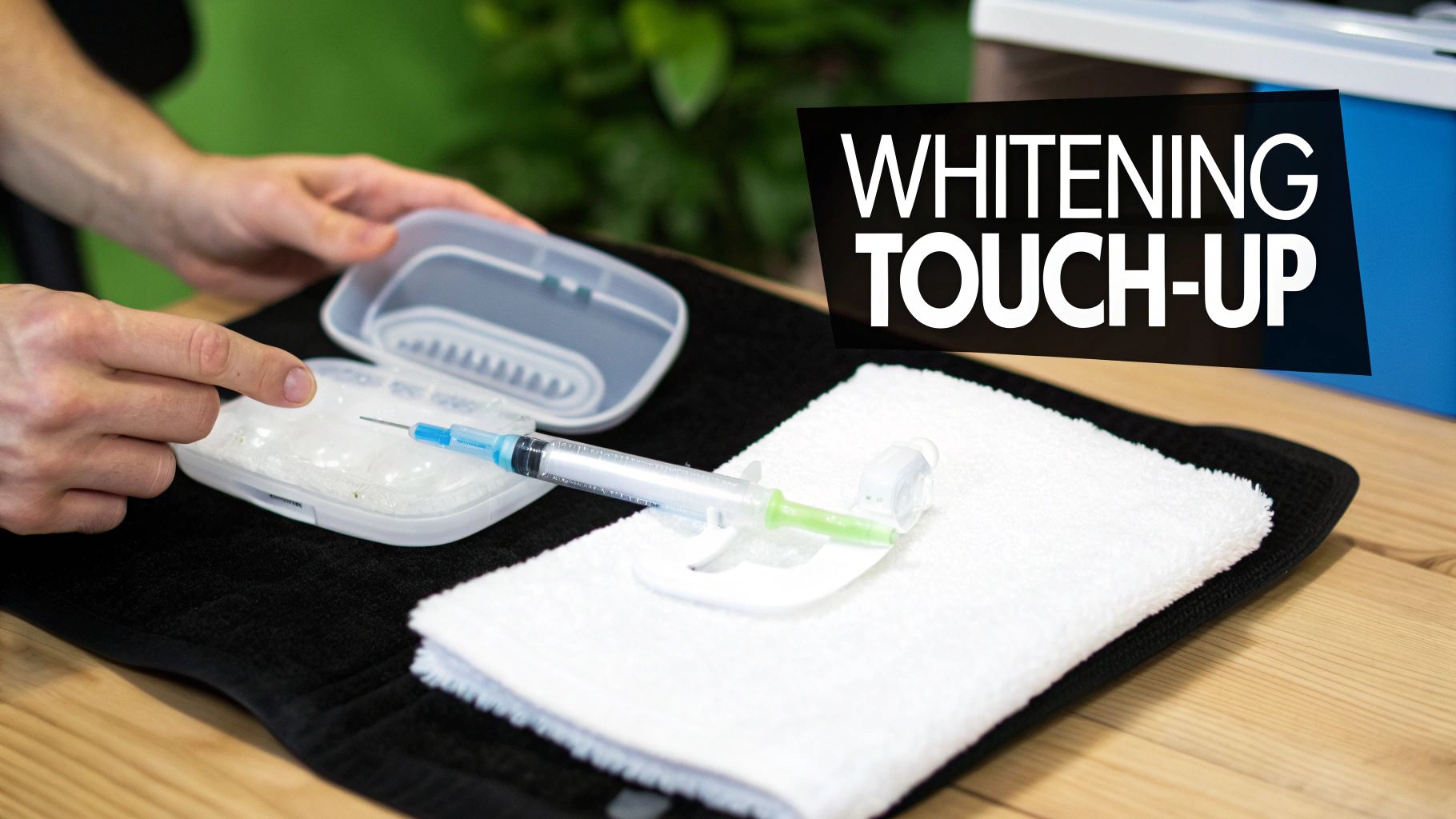 A person's hands prepare a dental whitening touch-up kit, featuring custom trays, a syringe, and a towel.