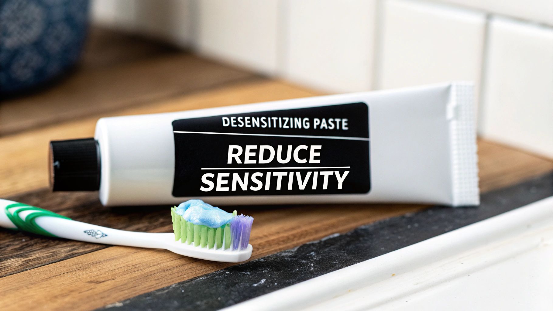A white tube of desensitizing toothpaste labeled 'REDUCE SENSITIVITY' next to a toothbrush with paste.