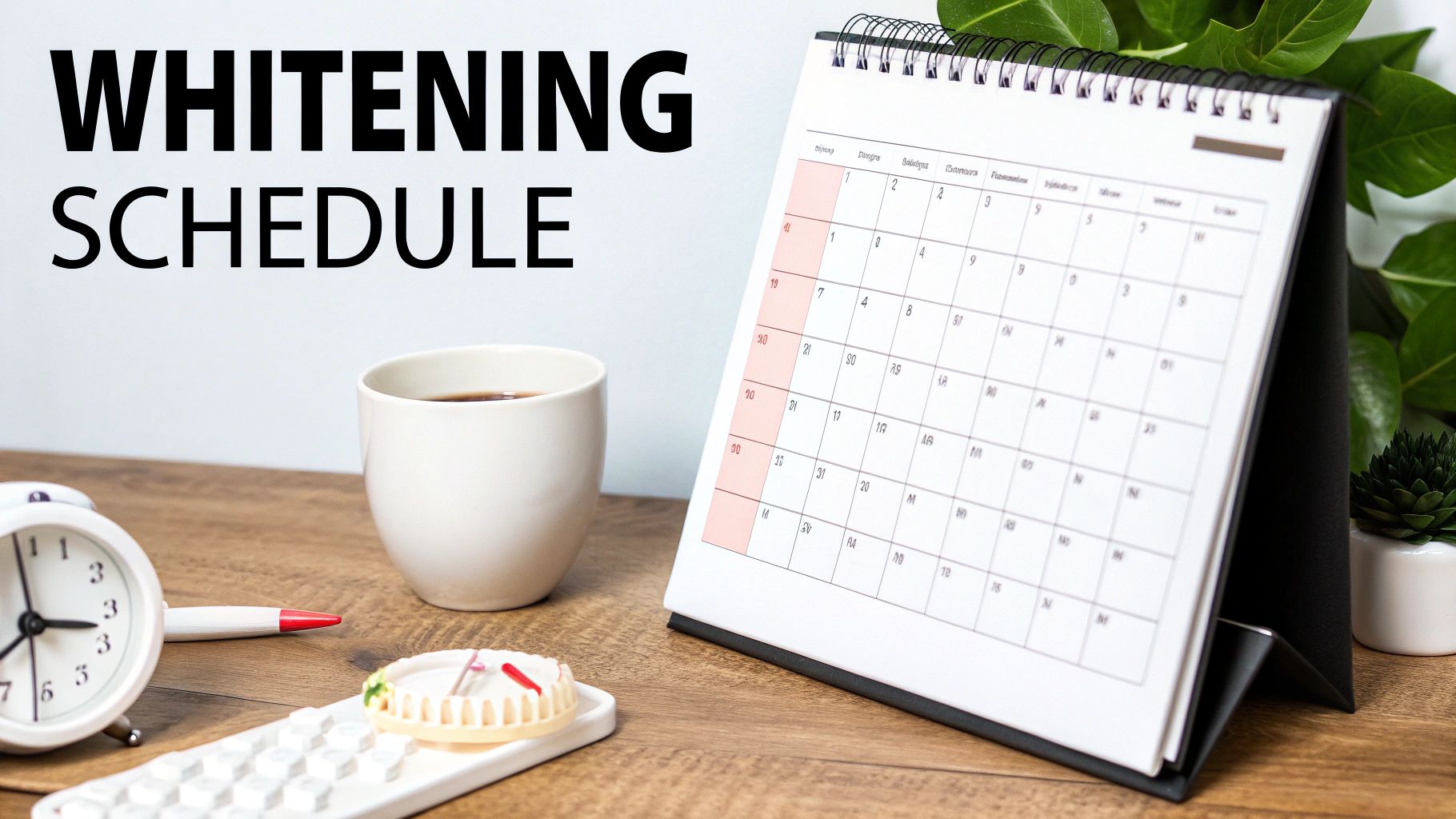 A close-up of a desk with a "WHITENING SCHEDULE" sign, a calendar, coffee, and an alarm clock.