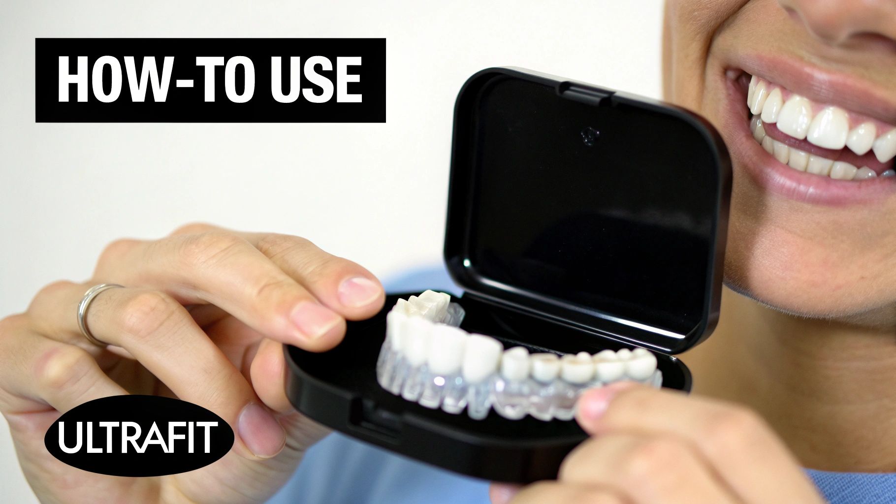 Hands hold clear whitening trays in a case, with a smiling mouth and 'HOW-TO USE' instructions.