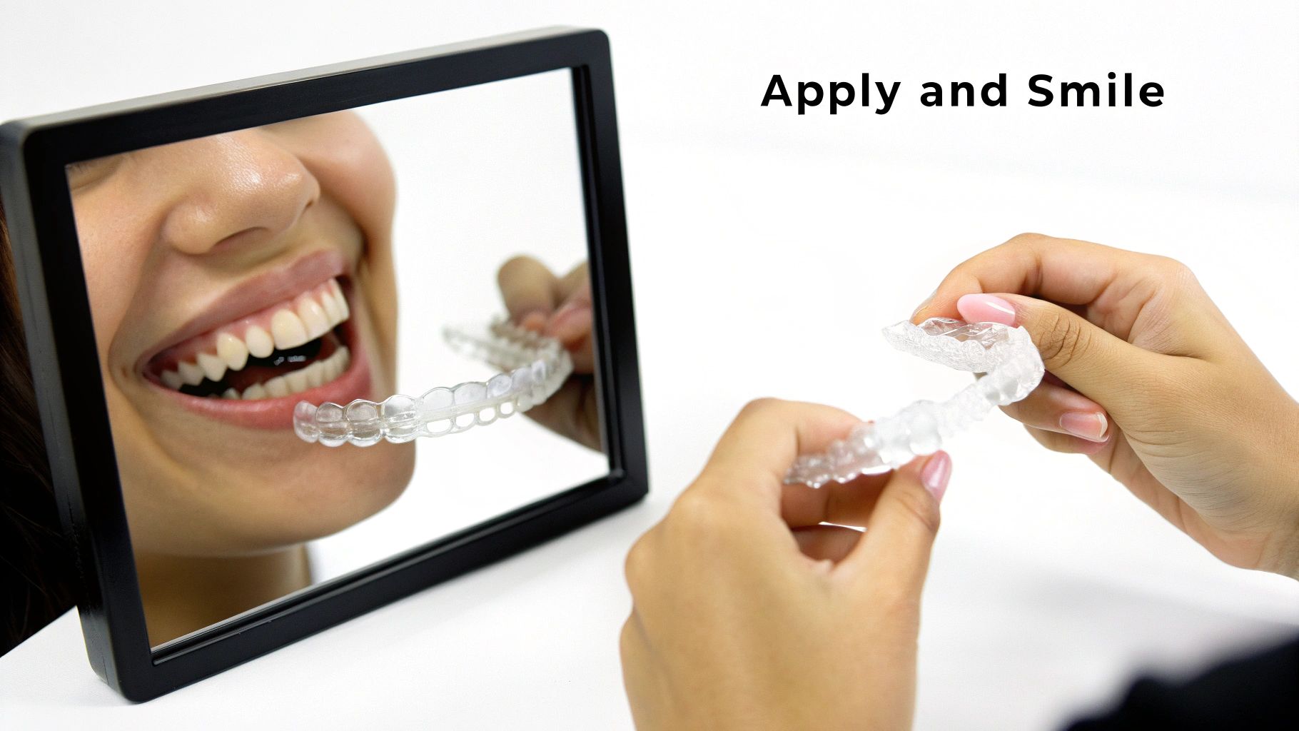 A smiling person in a mirror applying clear dental aligners to their teeth.