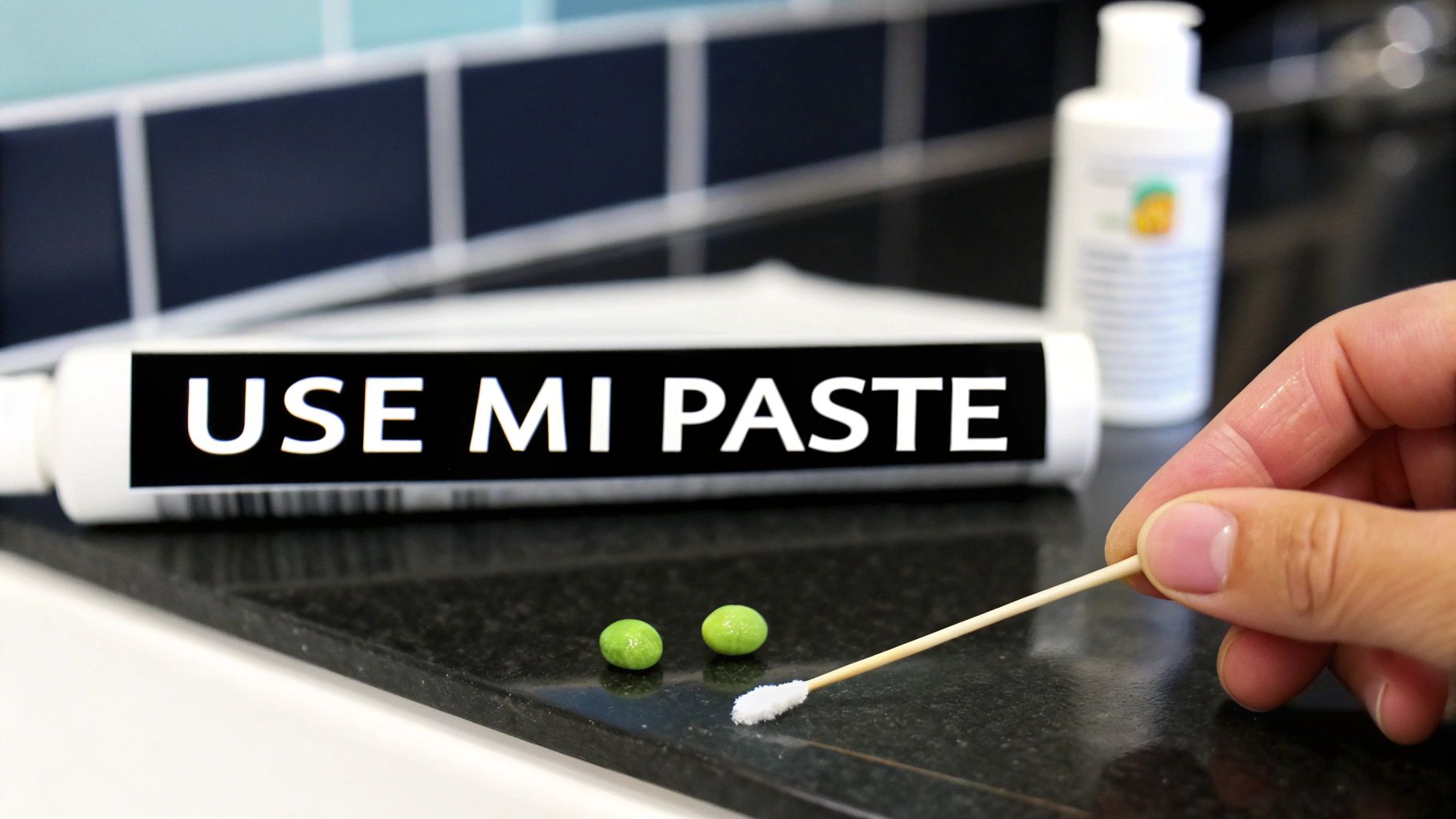 A hand holds a cotton swab, ready to apply 'MI PASTE' from a tube, next to two green pills.