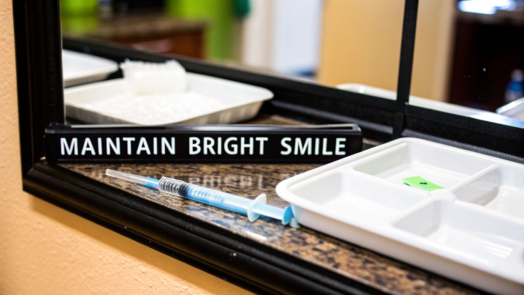 Close-up of dental equipment: a blue syringe, a white tray, and a sign promoting a bright smile.