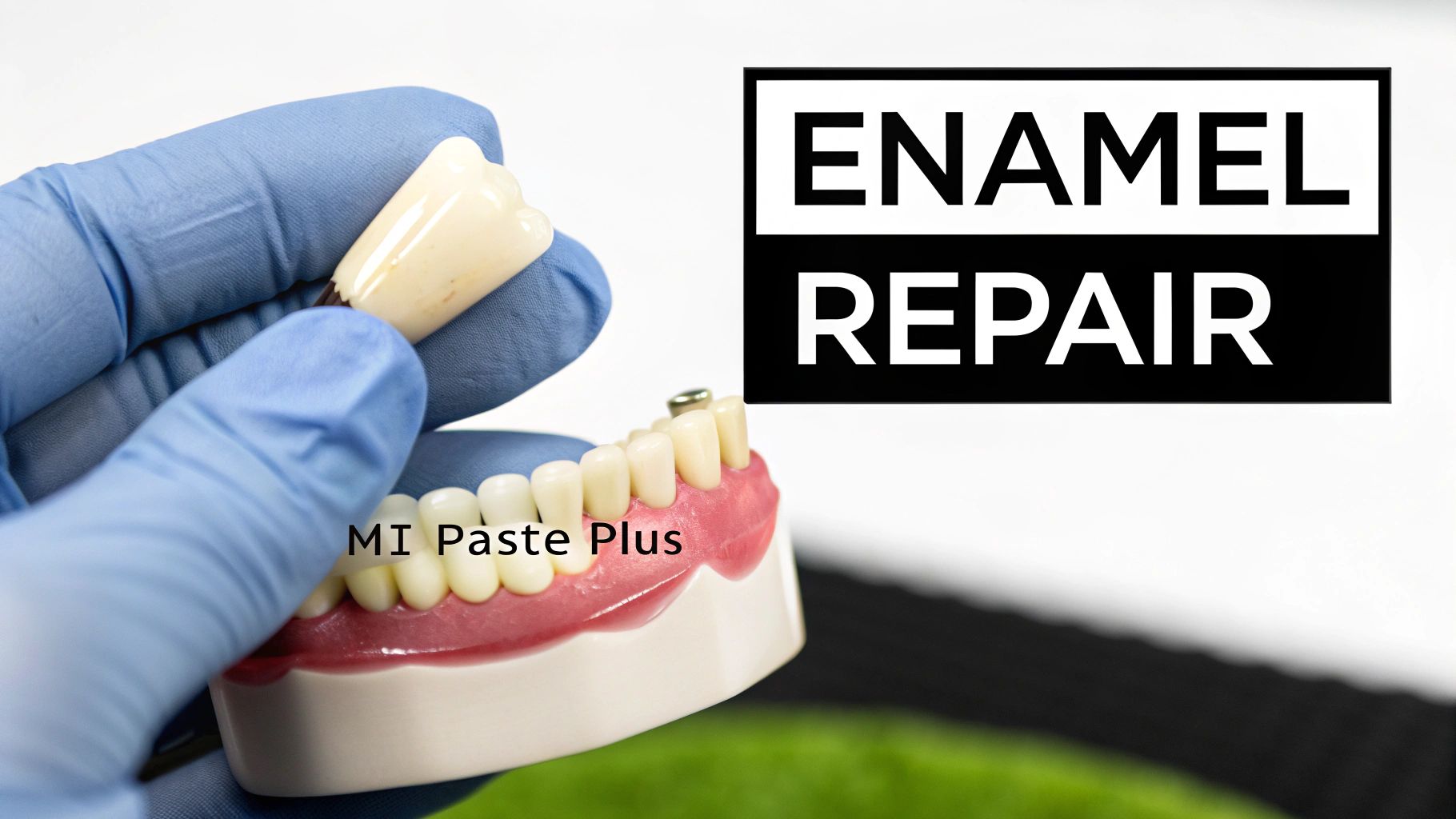 A gloved hand holds a dental crown and a jaw model with text "MI Paste Plus" visible, next to "ENAMEL REPAIR".