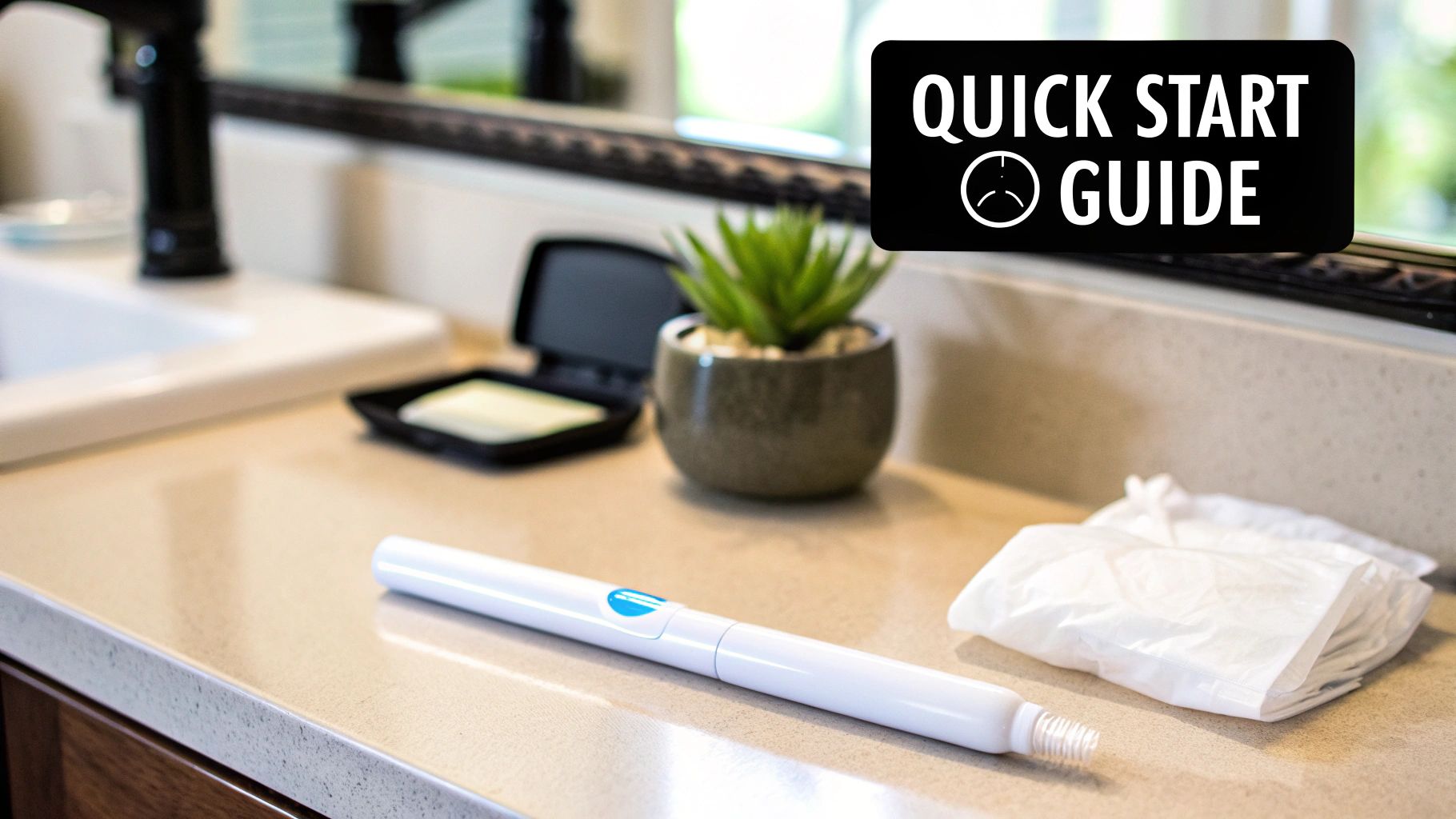 A teeth whitening pen and various accessories are arranged on a bathroom countertop, with a quick start guide.