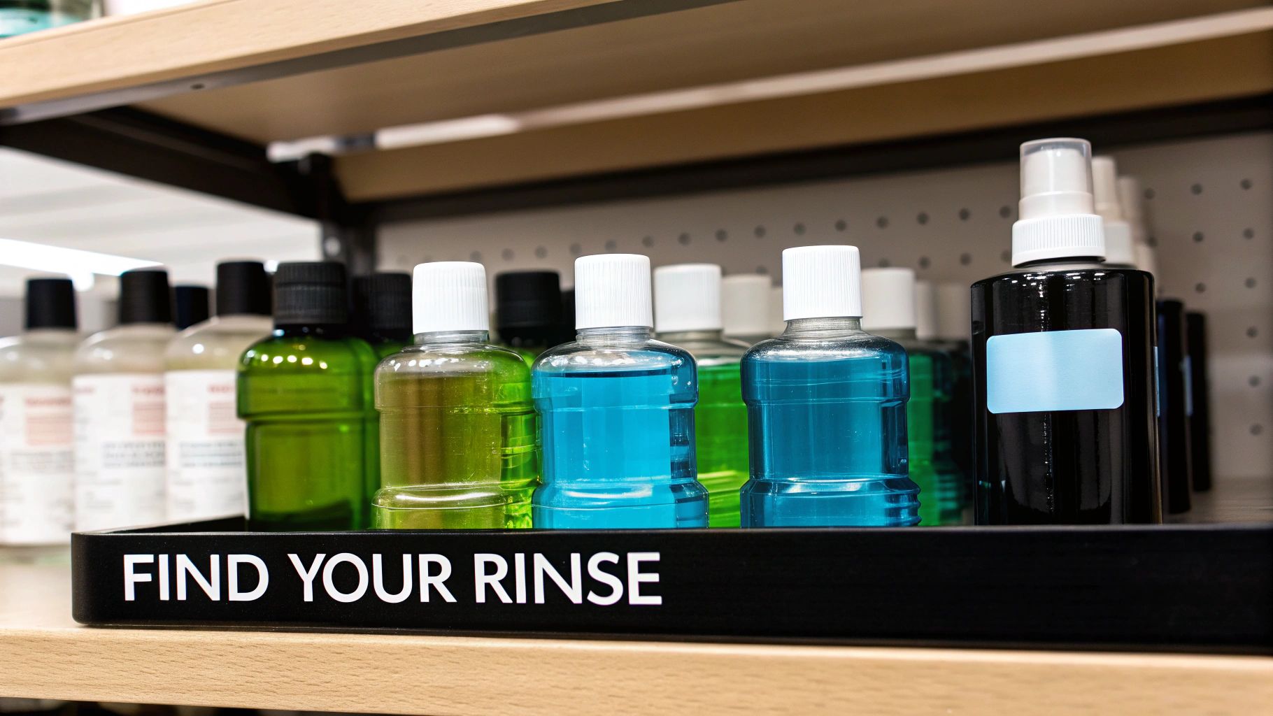 A retail shelf displays an assortment of mouthwash bottles in clear, green, and blue, with a 'FIND YOUR RINSE' sign.