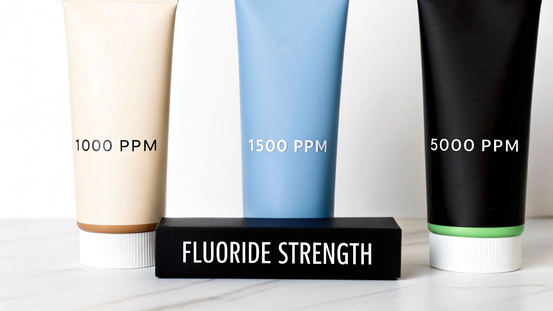 Three tubes of toothpaste in beige, blue, and black, displaying different fluoride strengths: 1000, 1500, and 5000 PPM.