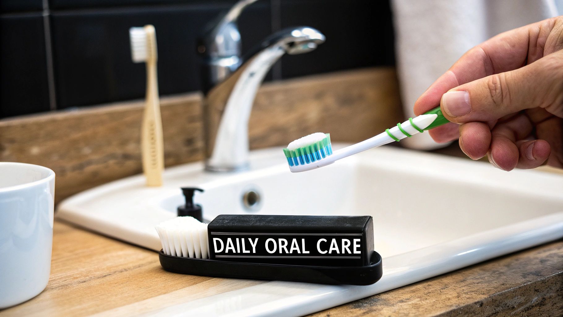 A hand holds a toothbrush with toothpaste over a bathroom sink, next to other oral care products.