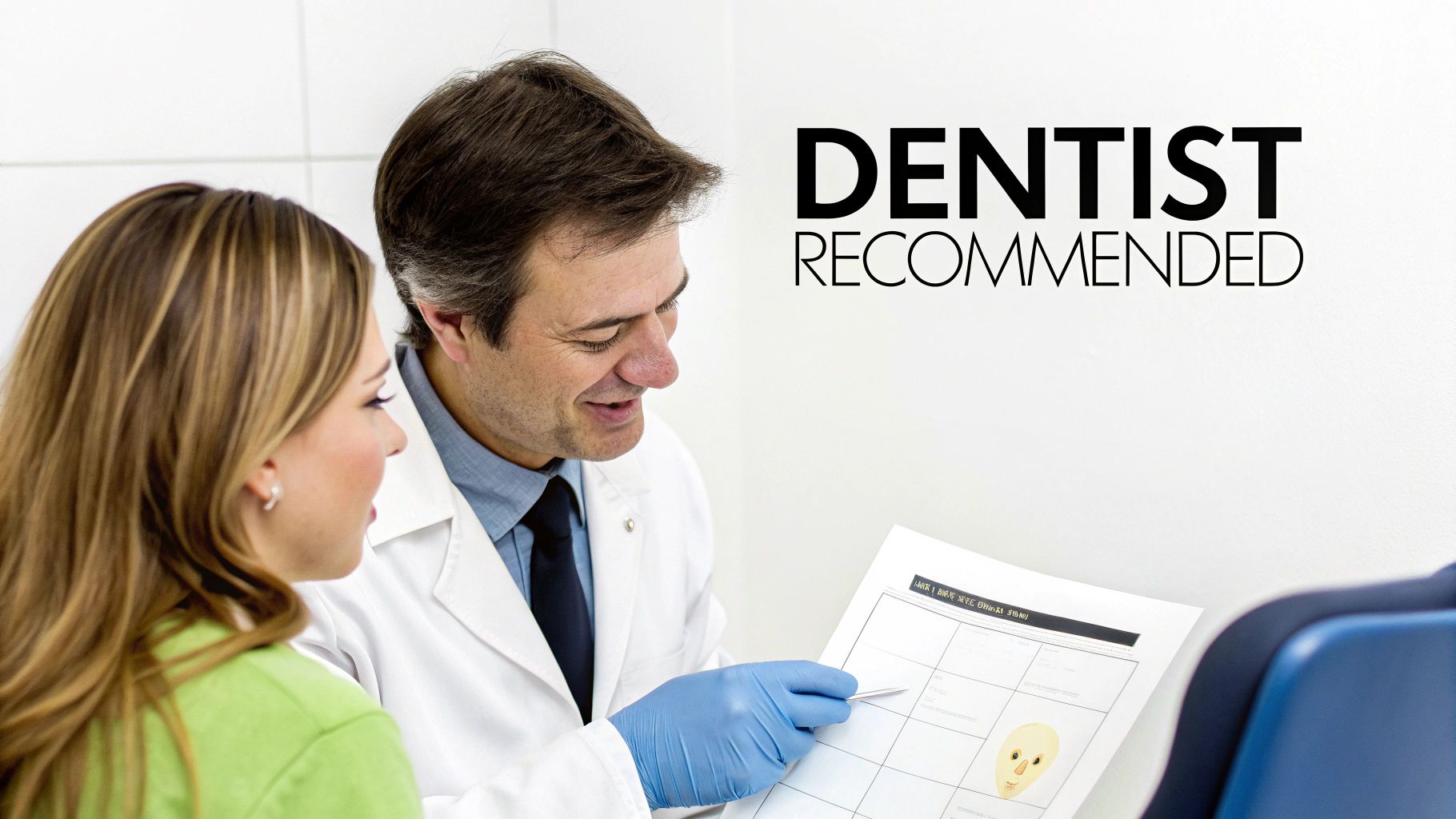 A smiling dentist in blue gloves points at a dental chart for a female patient, with 'DENTIST RECOMMENDED' text.