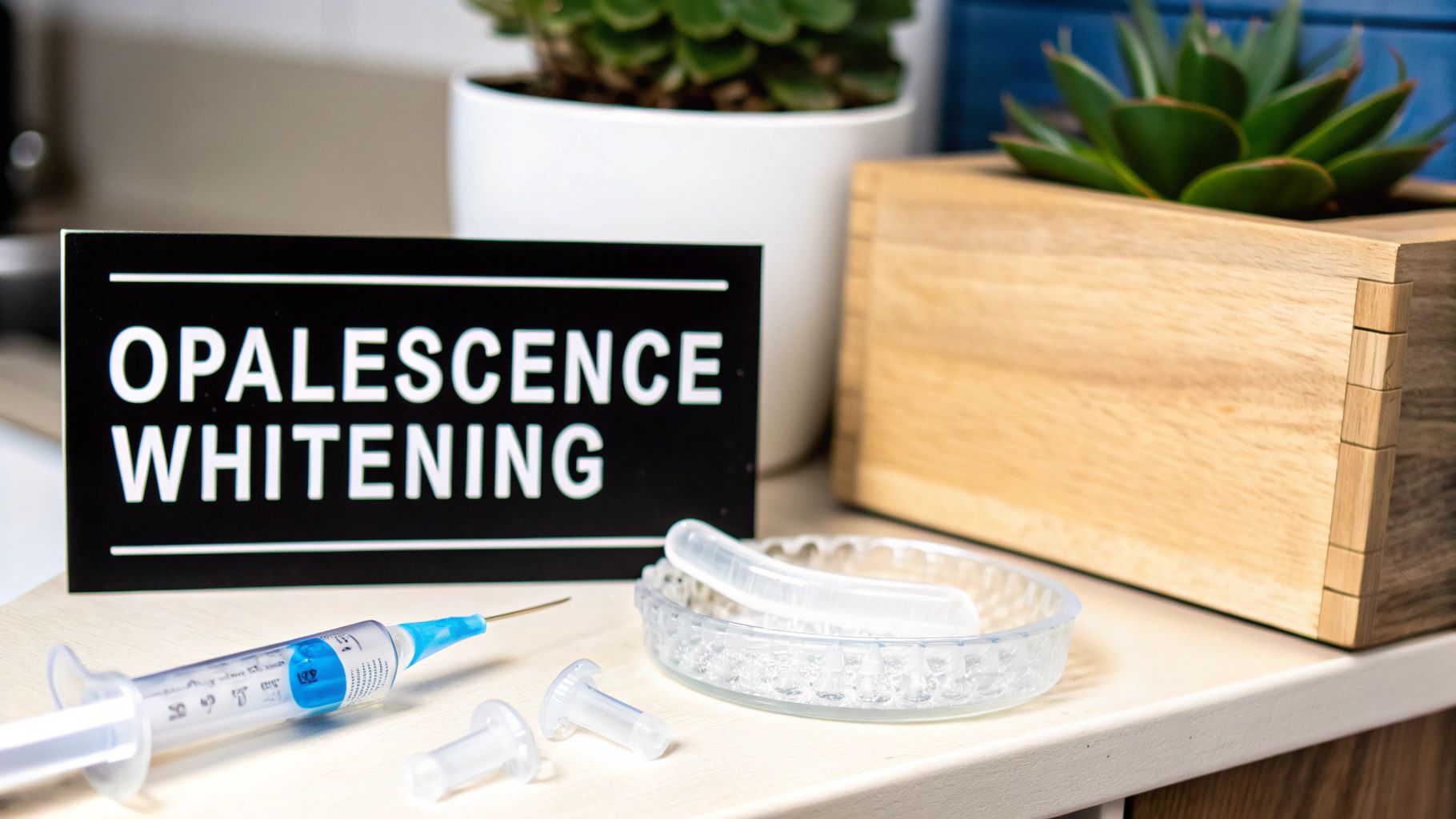 A close-up of Opalescence Whitening products, including a syringe and dental trays, with plants.