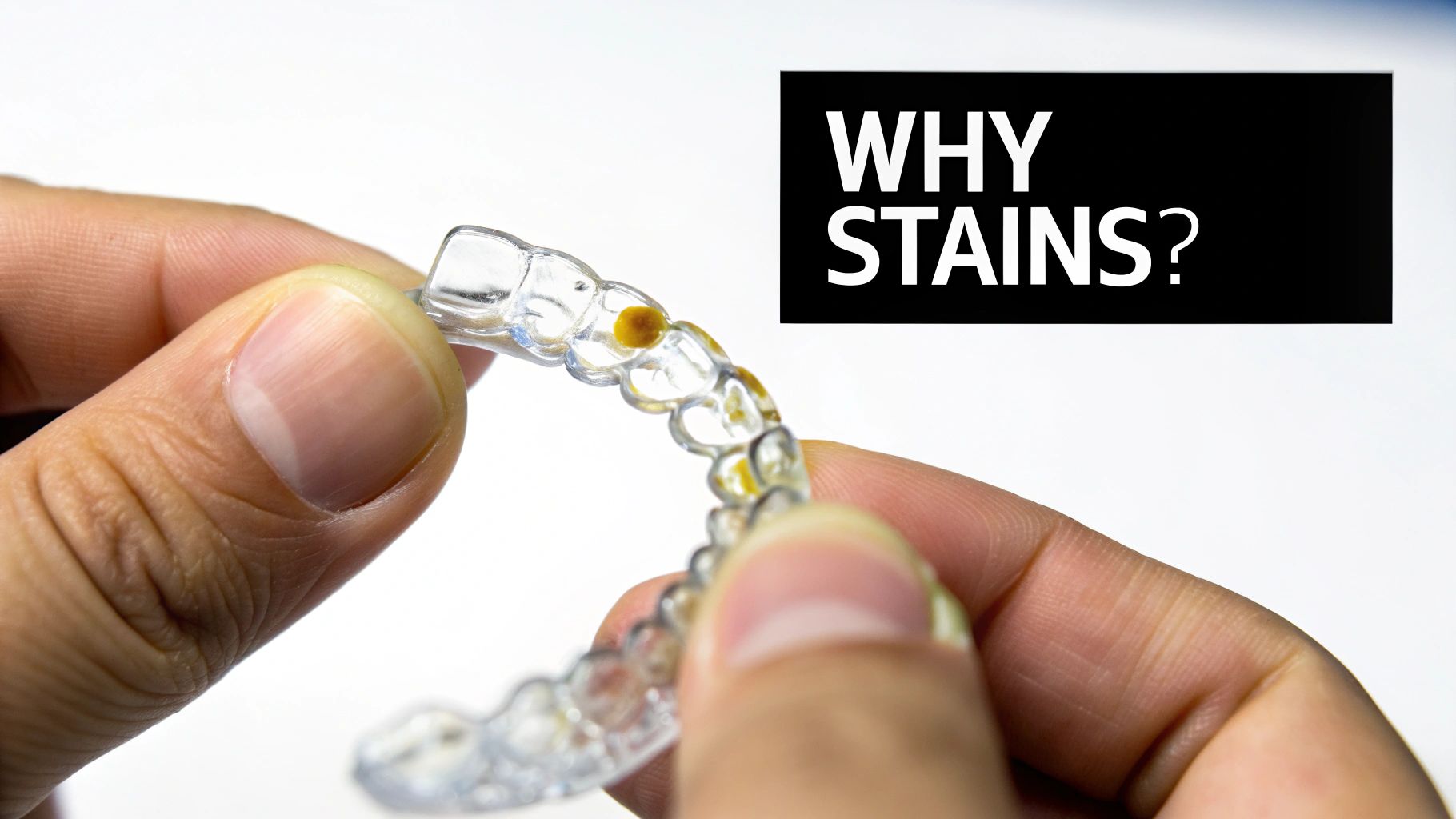 Hands holding a clear dental retainer with visible yellow stains, next to text 'WHY STAINS?'.