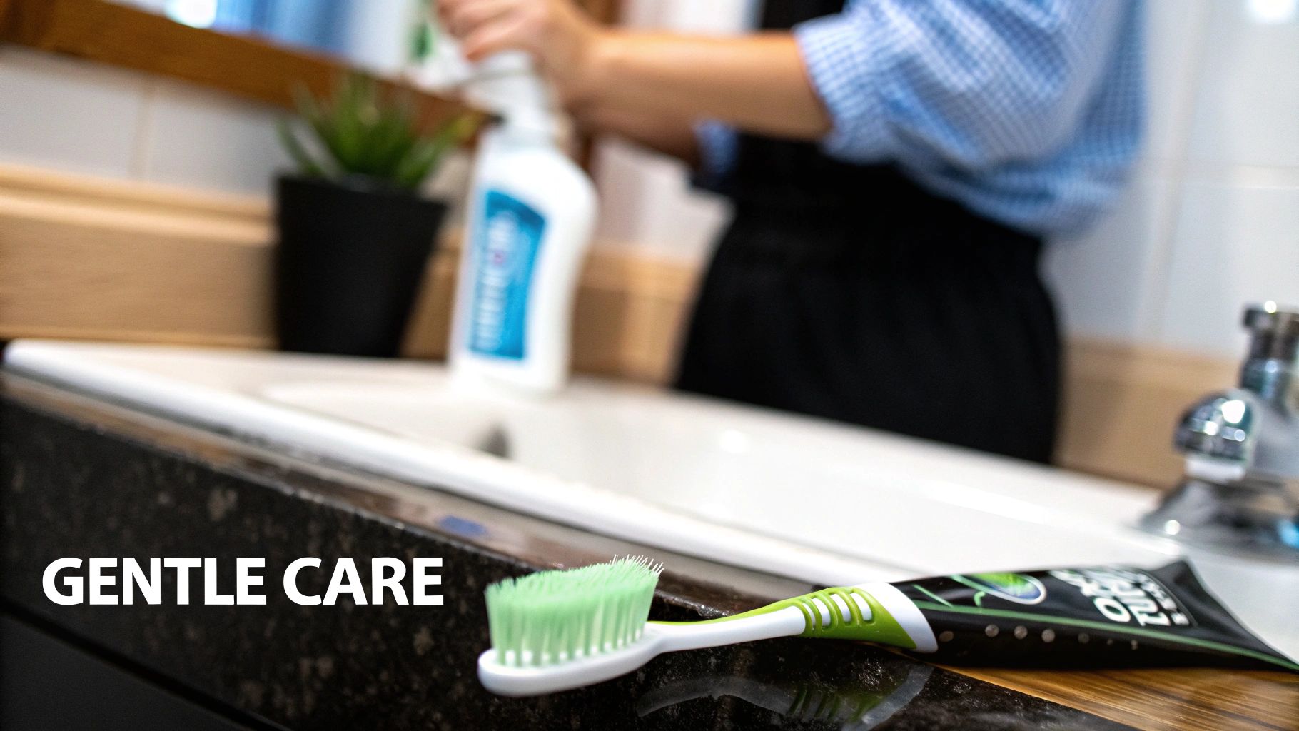 A green toothbrush and toothpaste tube rest on a dark bathroom counter, with a person cleaning a sink in the background.
