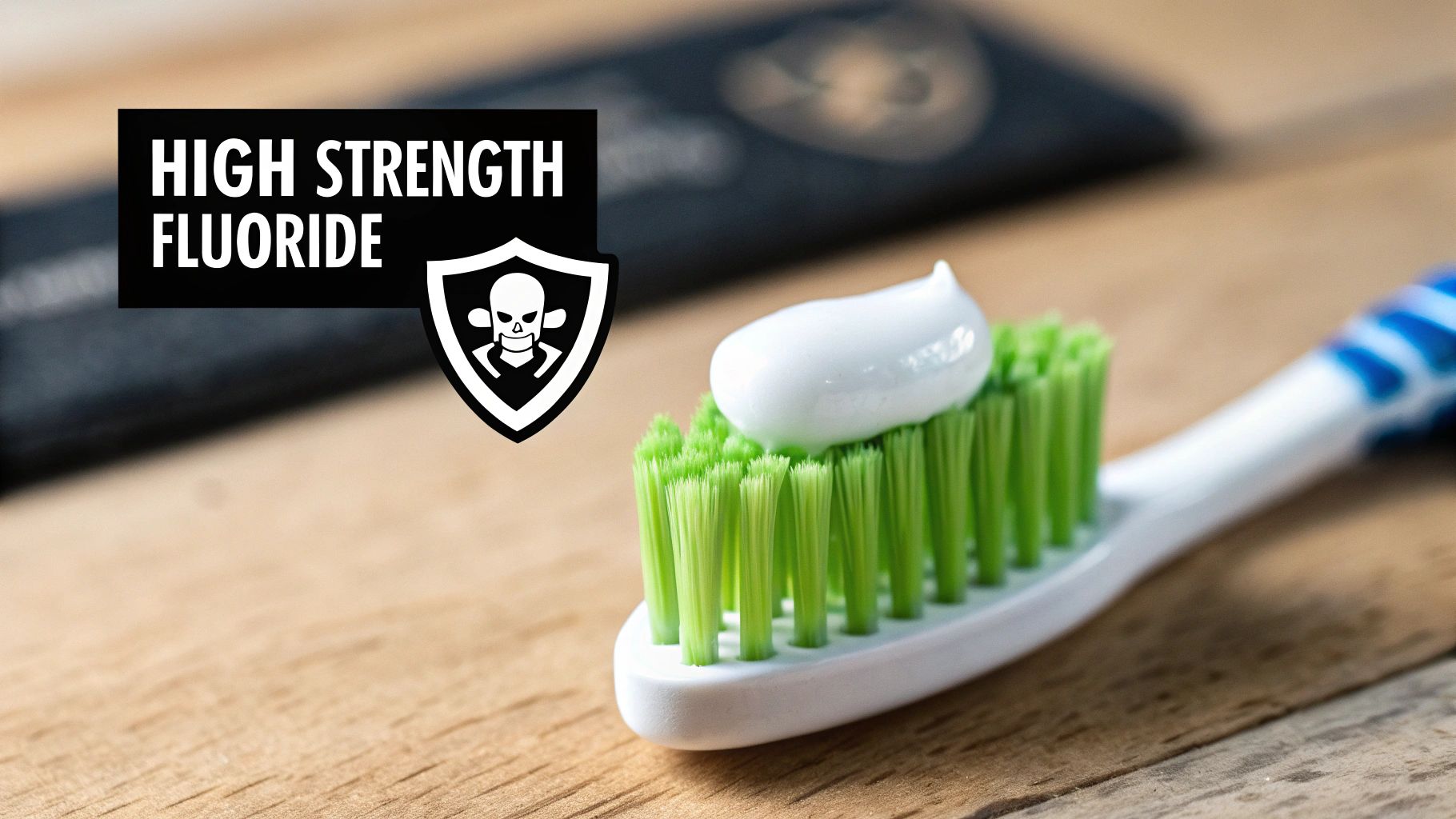 Close-up of a toothbrush with white toothpaste on green bristles next to a black package labeled "HIGH STRENGTH FLUORIDE" with a skull emblem.