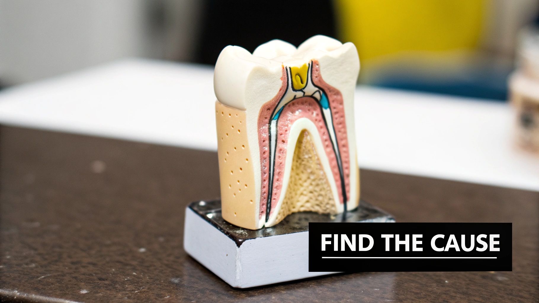 A detailed cross-section model of a tooth showing enamel, dentin, and pulp on a dark surface.