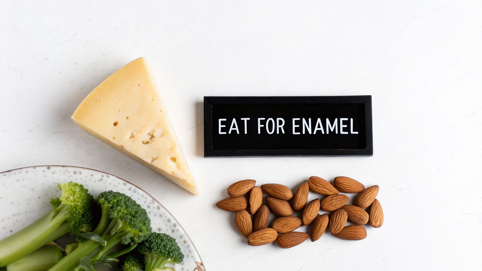 A flat lay of food items good for tooth enamel: cheese, broccoli, almonds, and a sign saying 'Eat for Enamel'.