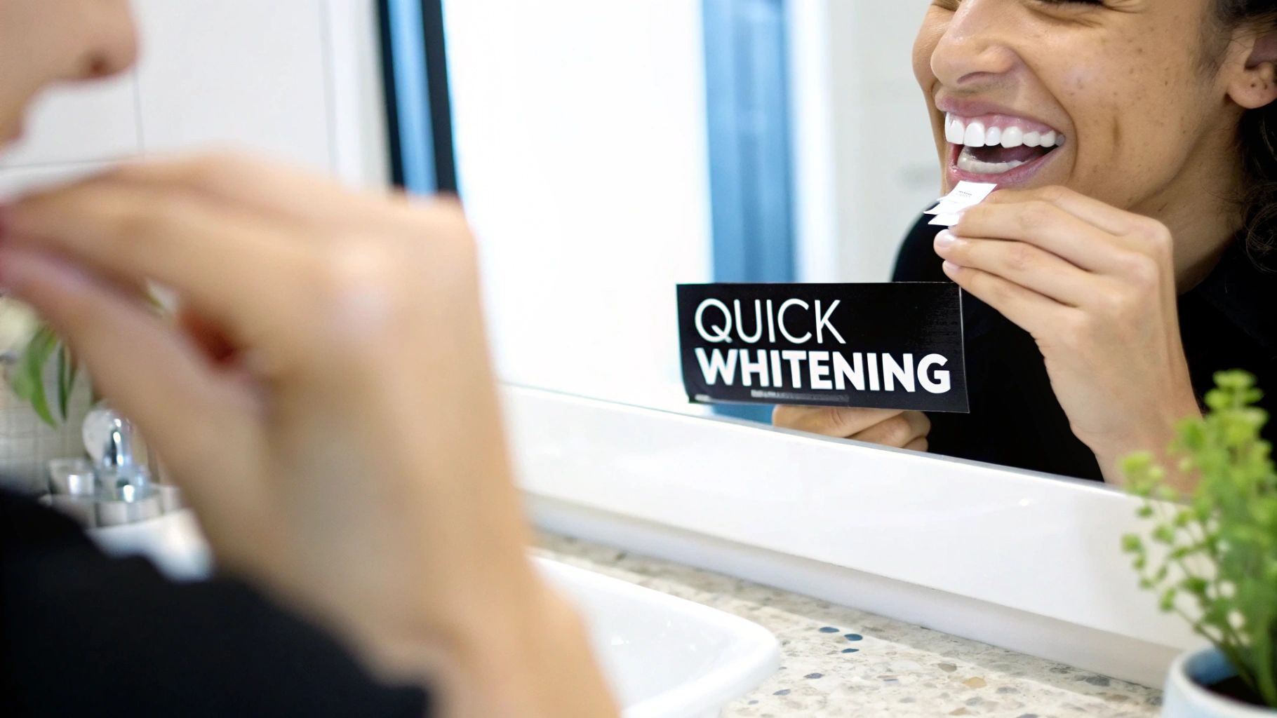A smiling person in a bathroom mirror applying teeth whitening strips for quick results.