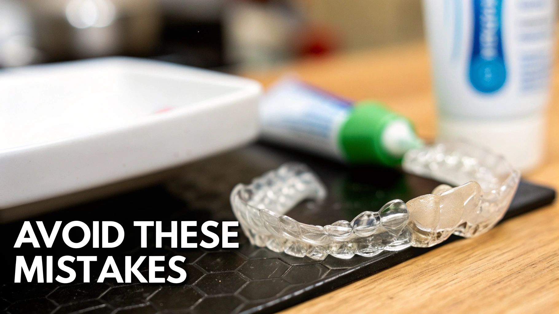 Clear dental aligners on a dark mat with dental cleaning products, highlighting mistakes to avoid.