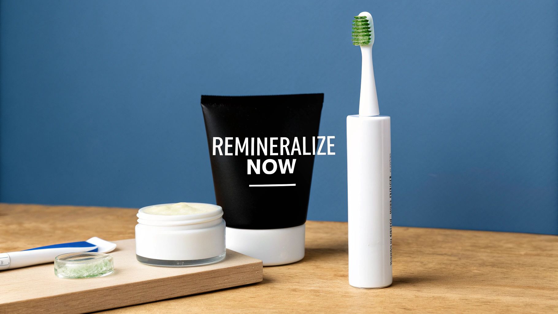 Close-up of an electric toothbrush, black toothpaste tube, and cream jar for dental remineralization.