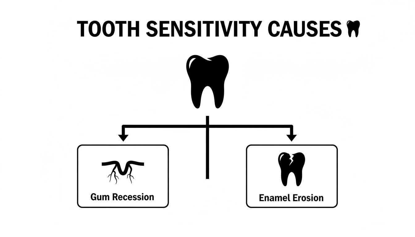 Diagram showing tooth sensitivity causes, identifying gum recession and enamel erosion as culprits.