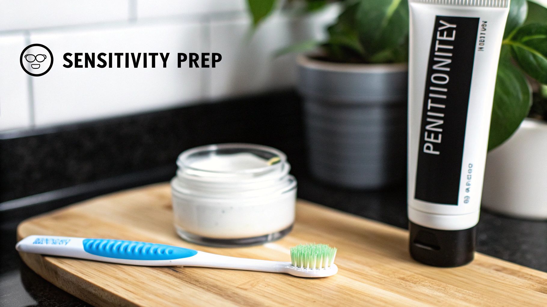 A toothbrush, a jar of paste, and a tube of toothpaste for sensitivity prep on a wooden board.