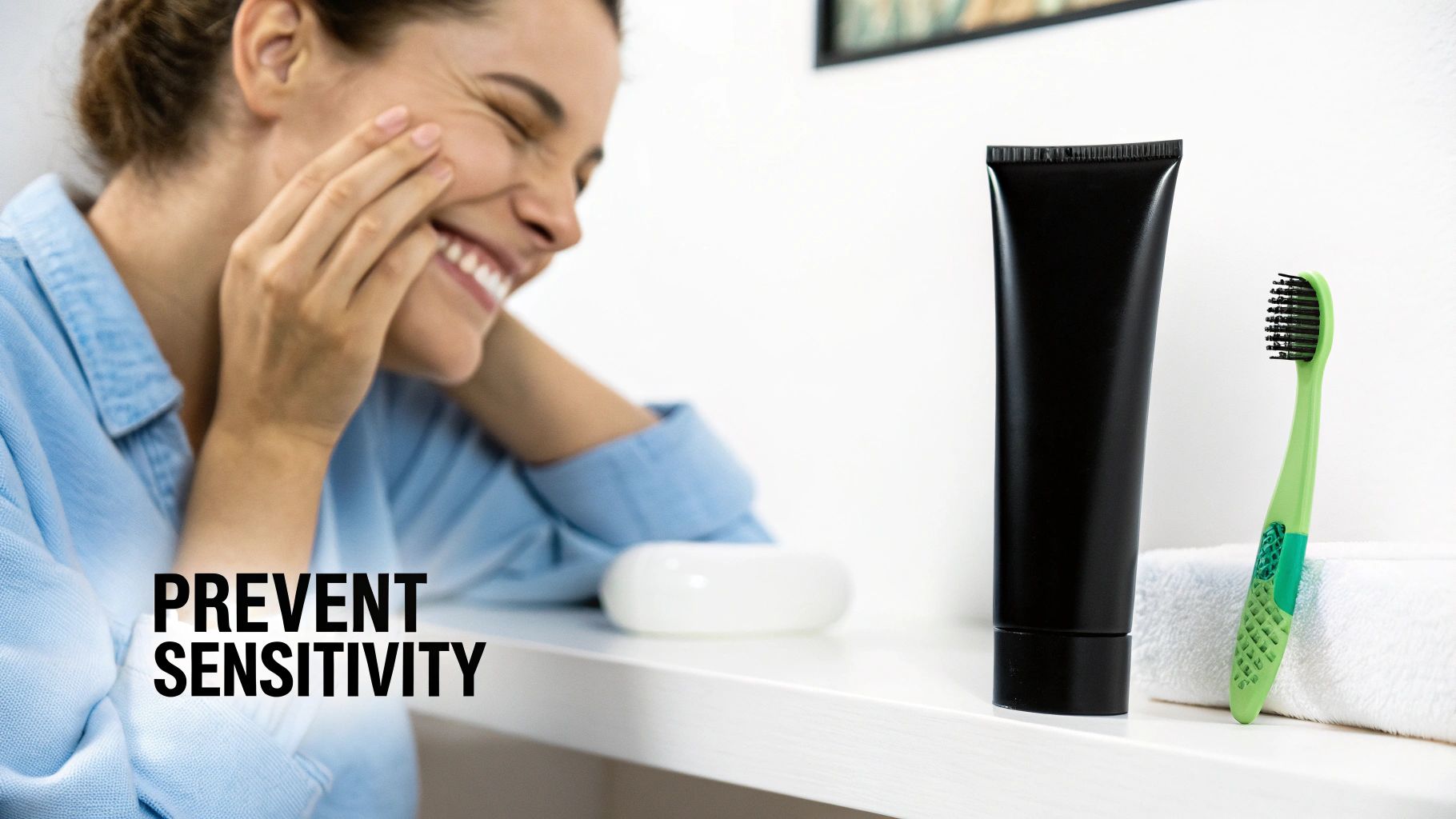 A smiling woman in a bathroom with a black toothpaste tube and green toothbrush to prevent sensitivity.