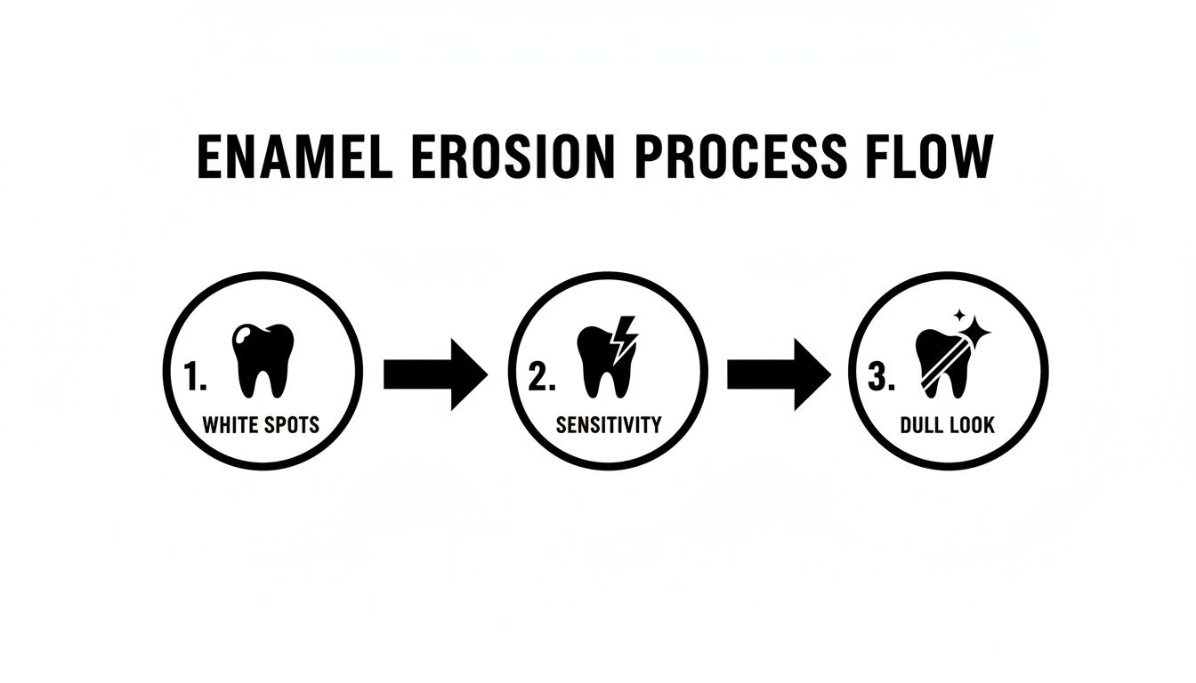 A flowchart illustrating the three steps of enamel erosion: white spots, sensitivity, and dull look.