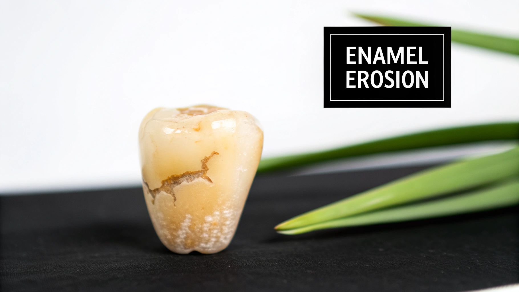 Close-up of a severely eroded tooth showing damage, with text 'ENAMEL EROSION' in a black box.