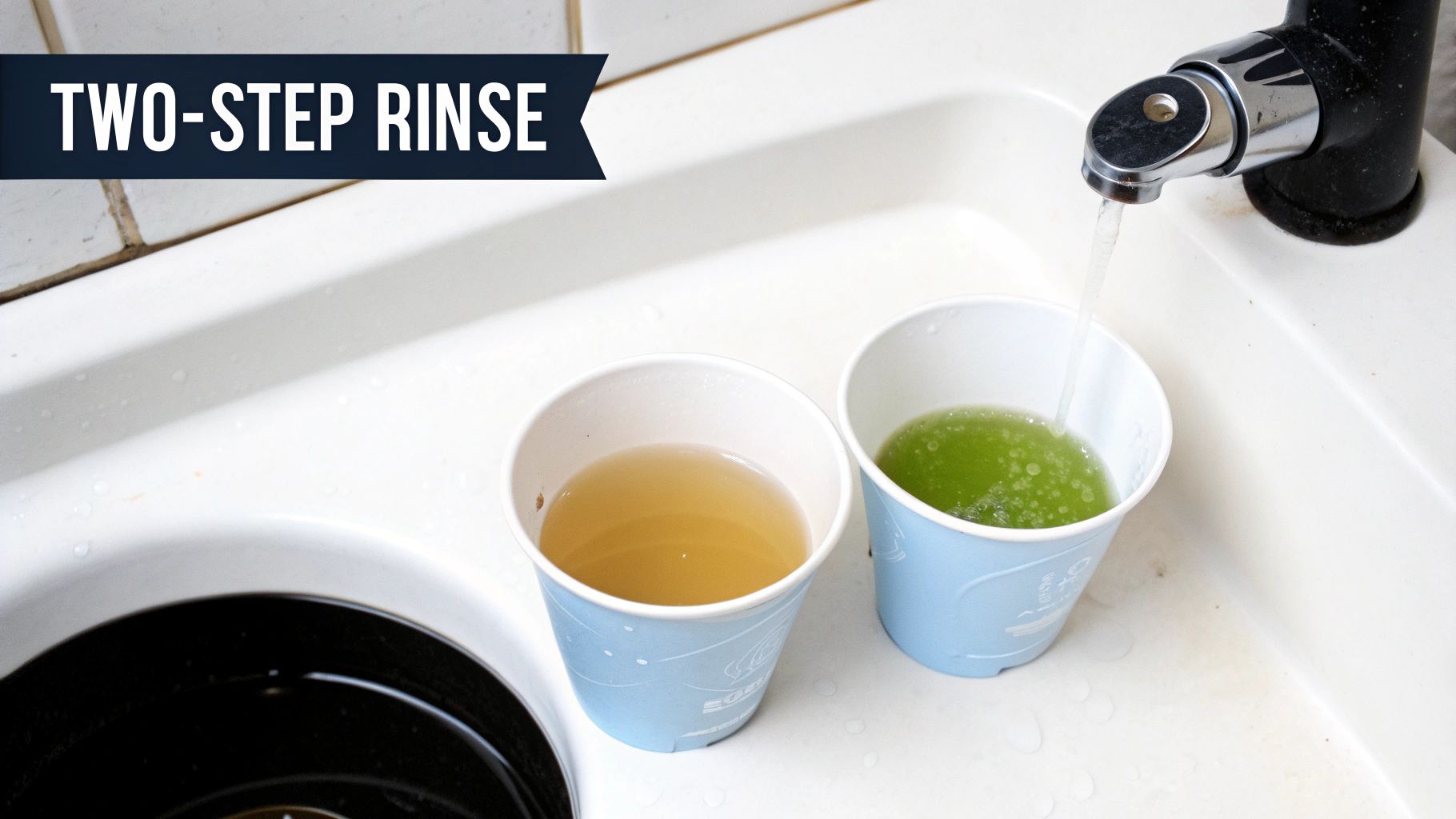 Two paper cups in a sink, one with green liquid under running faucet, one with brown, illustrating a two-step rinse.