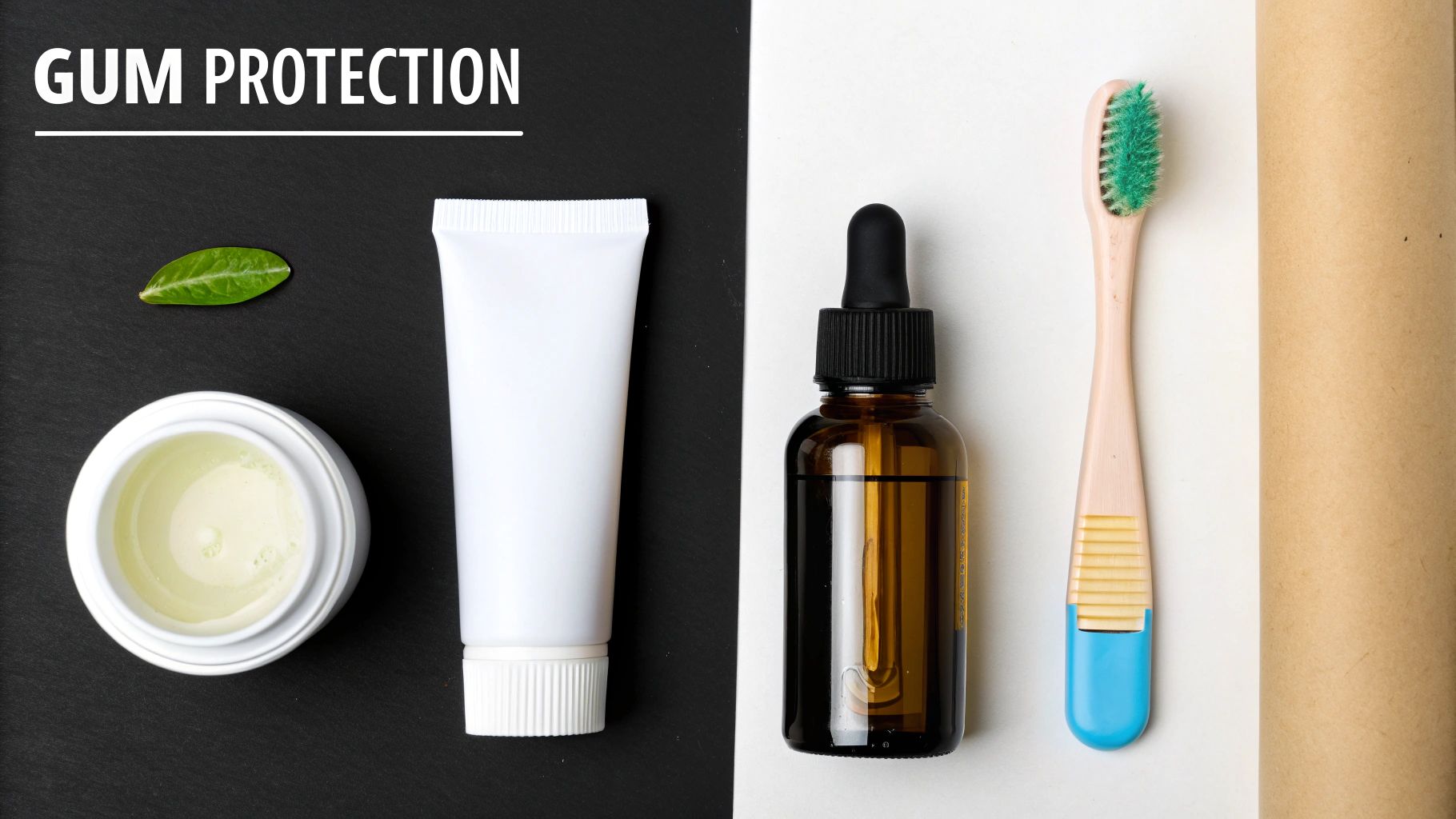 A flat lay of natural gum protection products including a jar, tube, dropper bottle, and toothbrush.