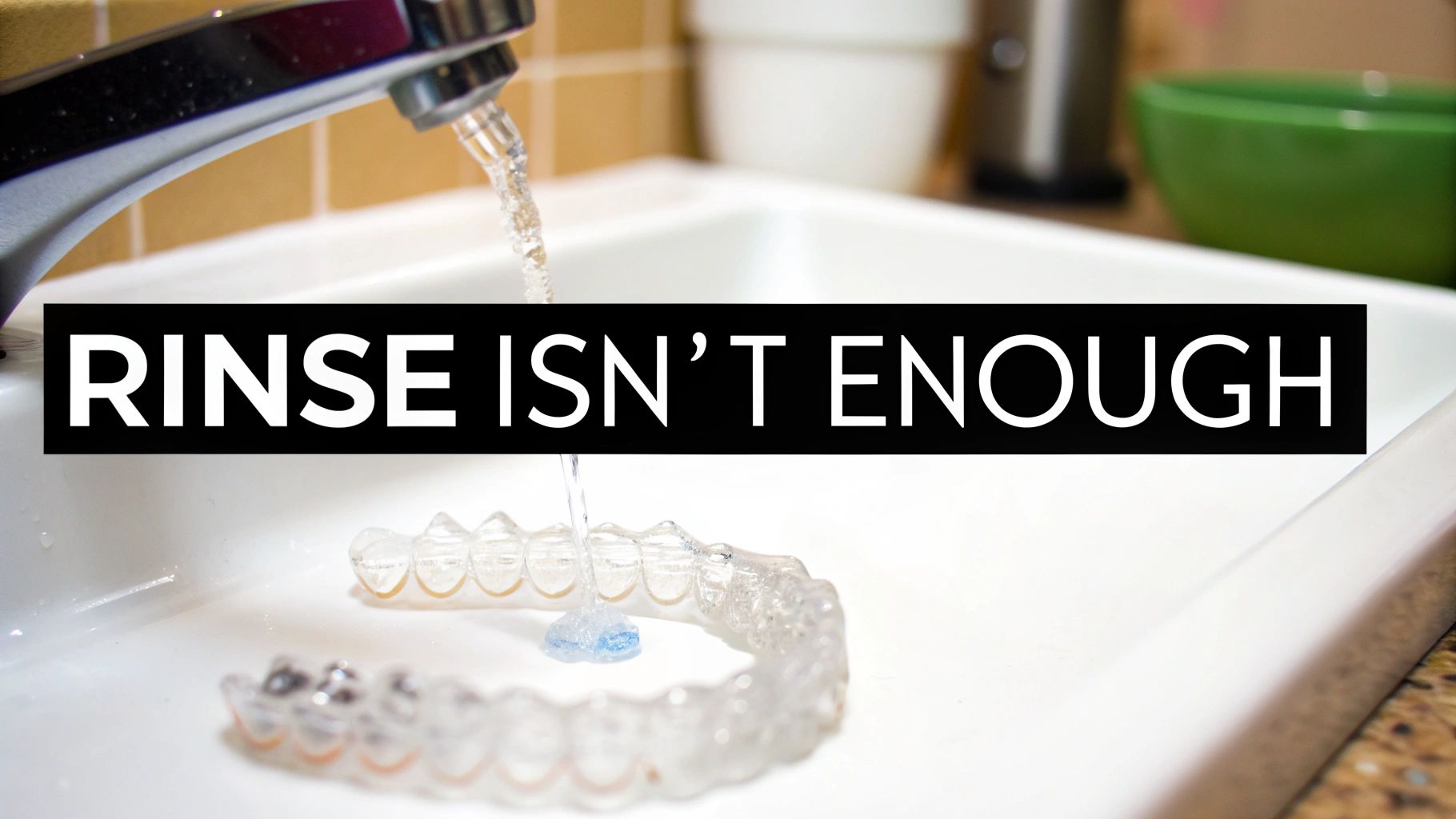 Water runs from a faucet onto a dental retainer in a sink with text 'RINSE ISN'T ENOUGH'.