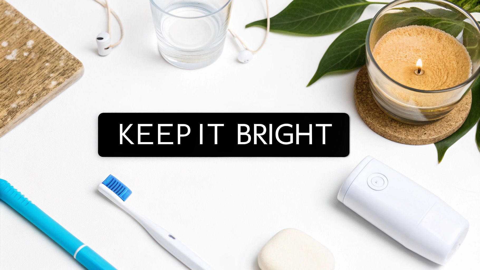Flat lay with toothbrushes, a water glass, and a lit candle, featuring a banner that reads 'KEEP IT BRIGHT'.
