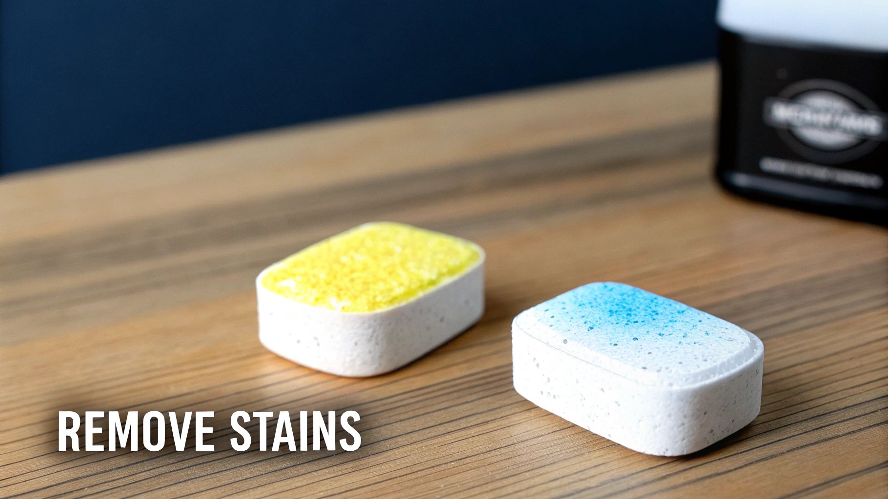 Close-up of yellow and blue cleaning tablets for removing stains on a wooden surface.