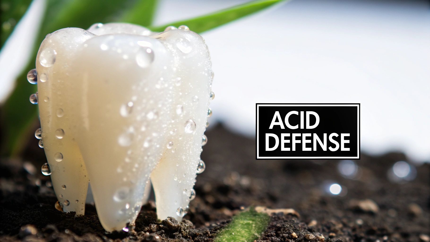 A white tooth model covered in water droplets in soil, next to a 'ACID DEFENSE' sign.