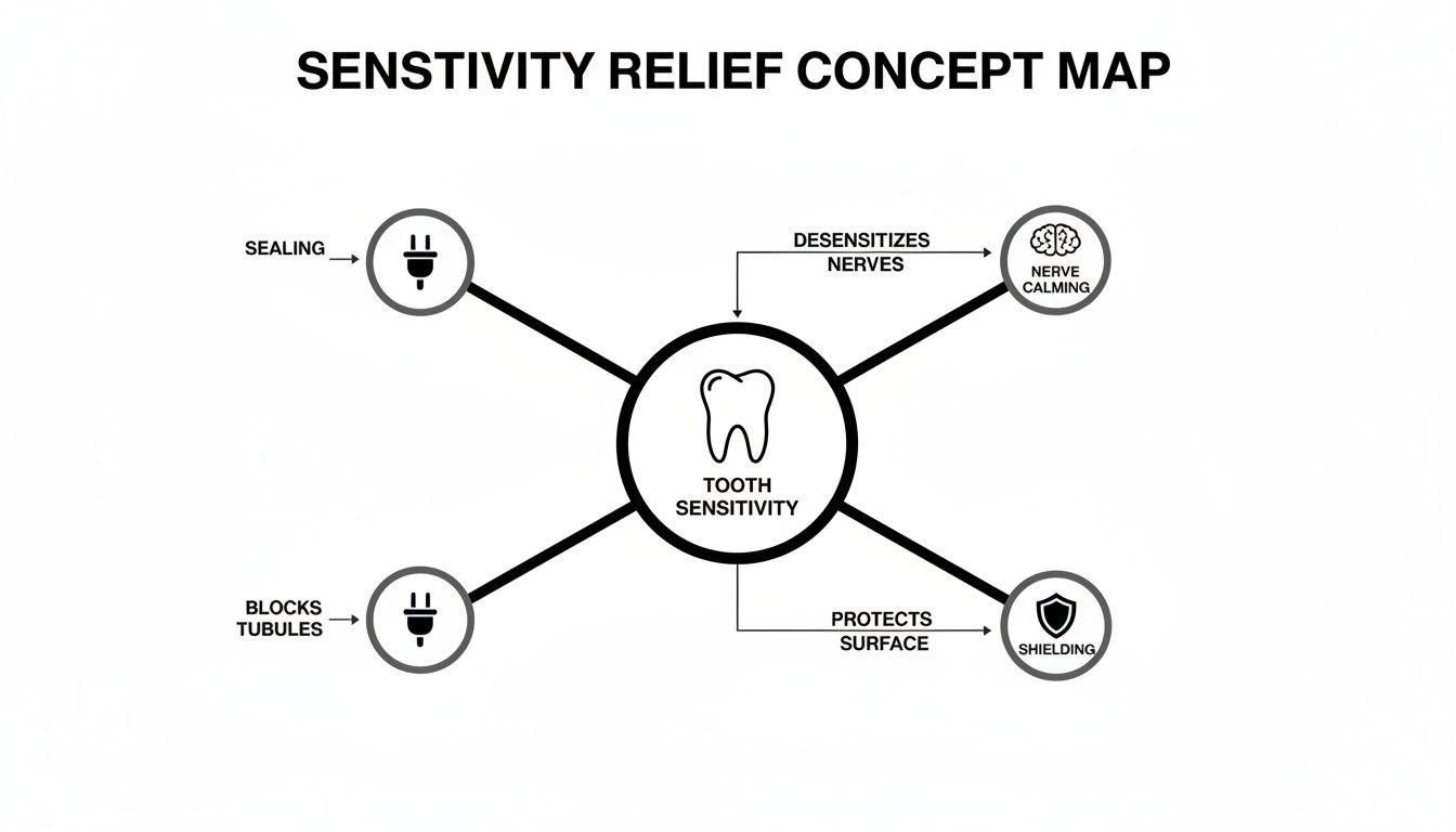 A concept map showing four approaches to sensitivity relief: sealing, nerve calming, blocking tubules, and shielding.