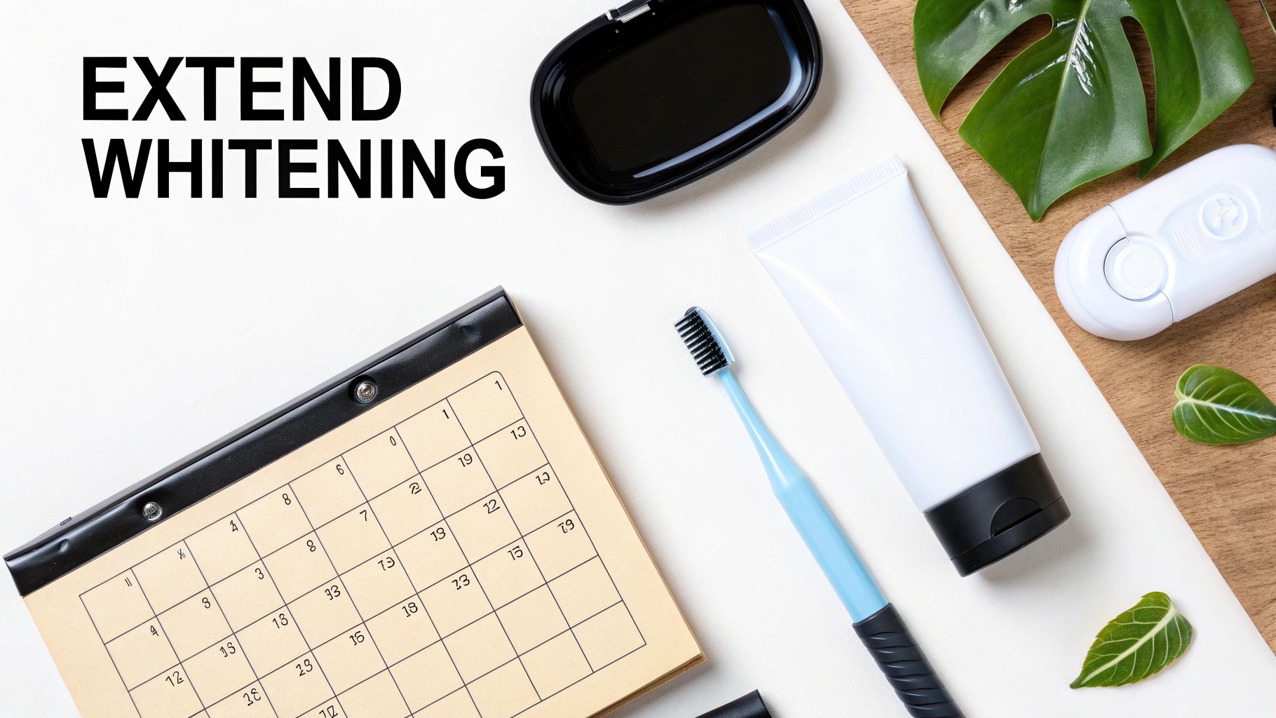 Dental hygiene flat lay with a calendar, toothbrush, toothpaste, and whitening device, promoting extended whitening.