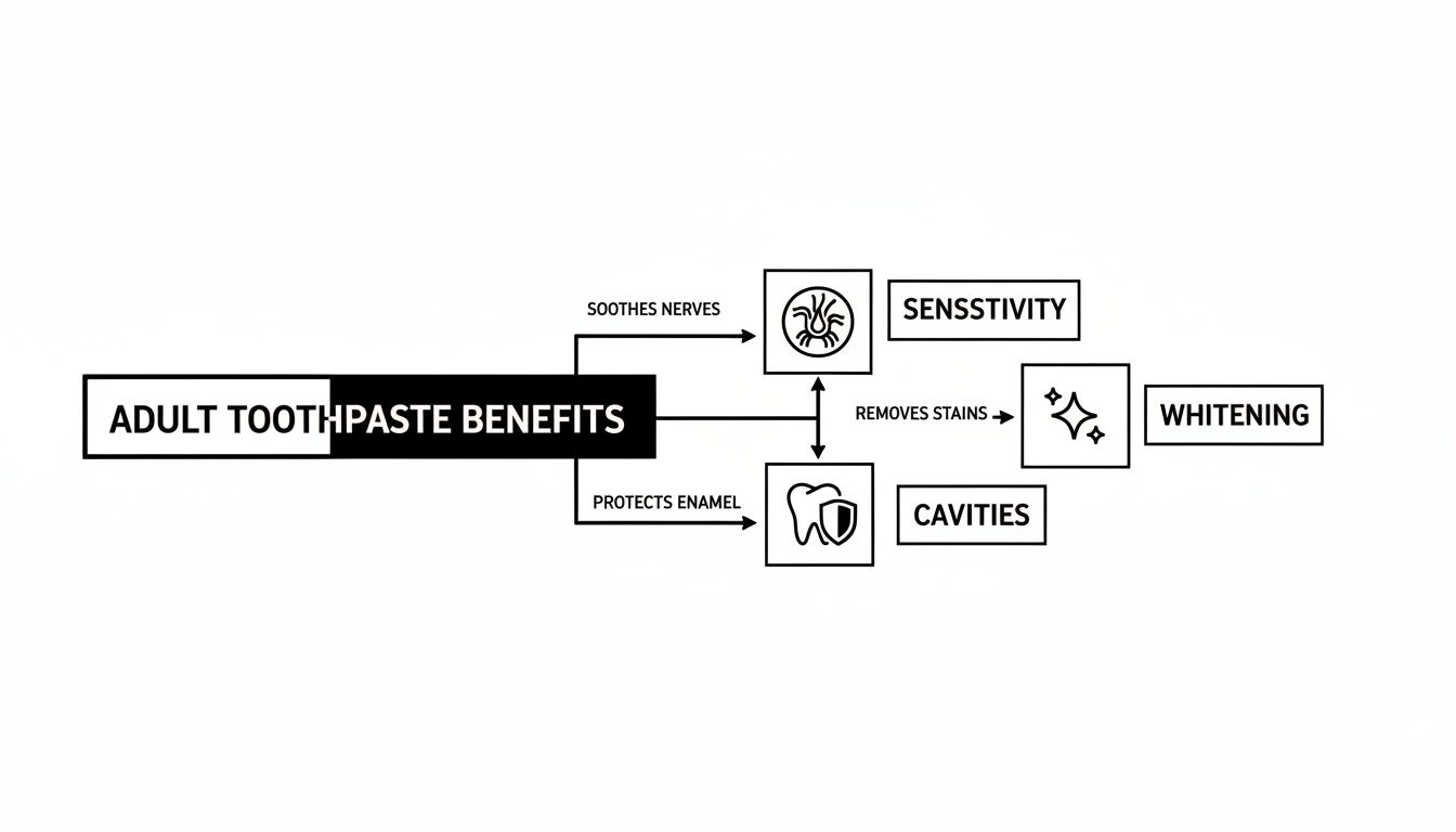 A flowchart illustrating adult toothpaste benefits: soothes nerves, removes stains, protects enamel.