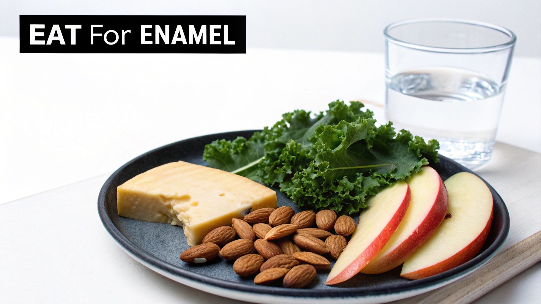A plate of cheese, almonds, kale, apple slices, and a glass of water.