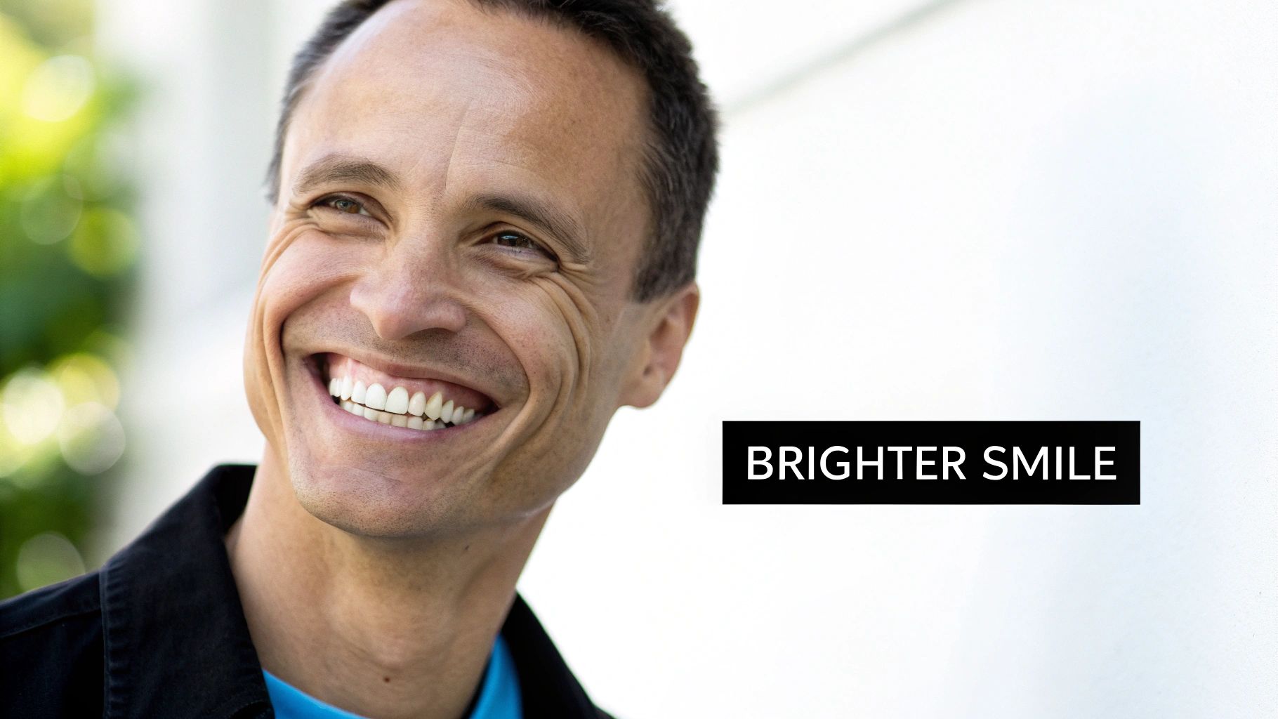 Close-up of a happy man with a bright smile, showing his white teeth.