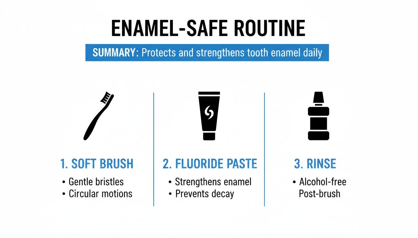 An infographic showing a three-step enamel-safe routine for daily tooth protection: soft brush, fluoride toothpaste, and alcohol-free rinse.
