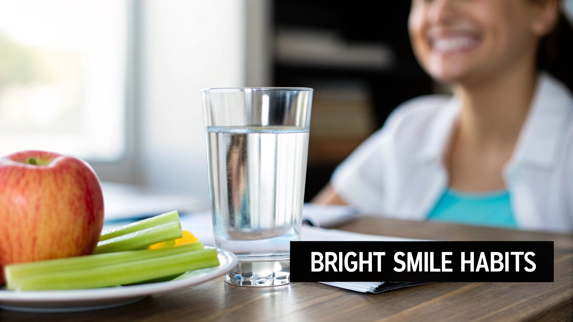 A healthy snack of an apple, celery, and water on a desk with a smiling person, promoting bright smiles.