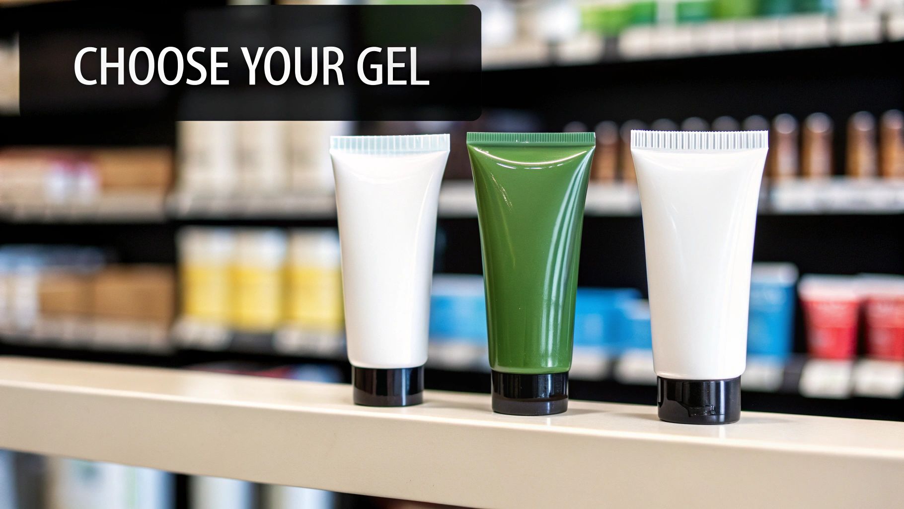 Three white and green gel tubes on a shelf in a store, with text 'CHOOSE YOUR GEL'.