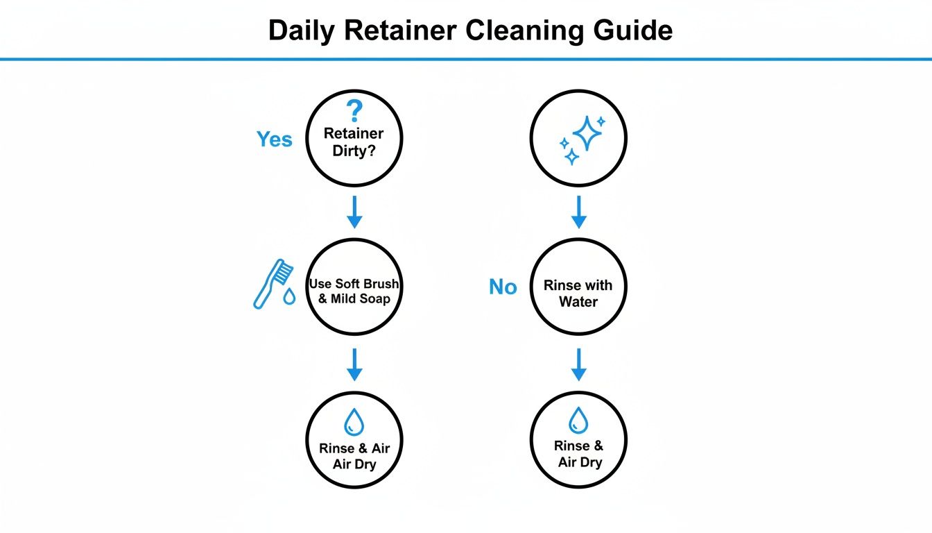 A flowchart detailing the daily retainer cleaning guide, including steps for dirty and clean retainers.