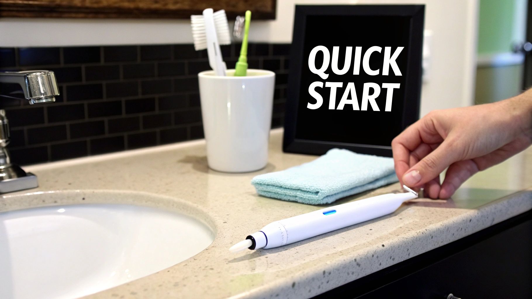 A hand reaches for a white teeth whitening pen on a bathroom counter next to a sink and 'QUICK START' sign.