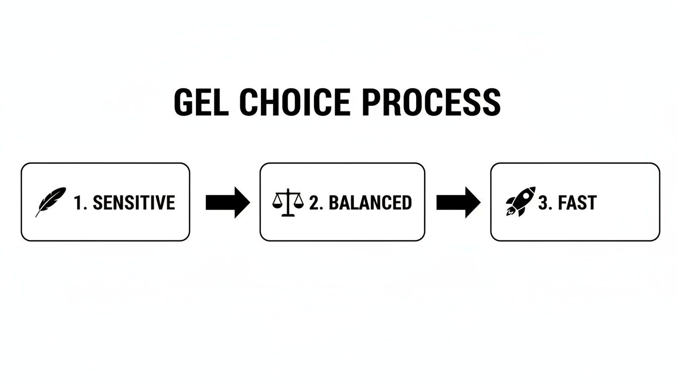 Flowchart illustrating the gel choice process with steps for sensitive, balanced, and fast options.
