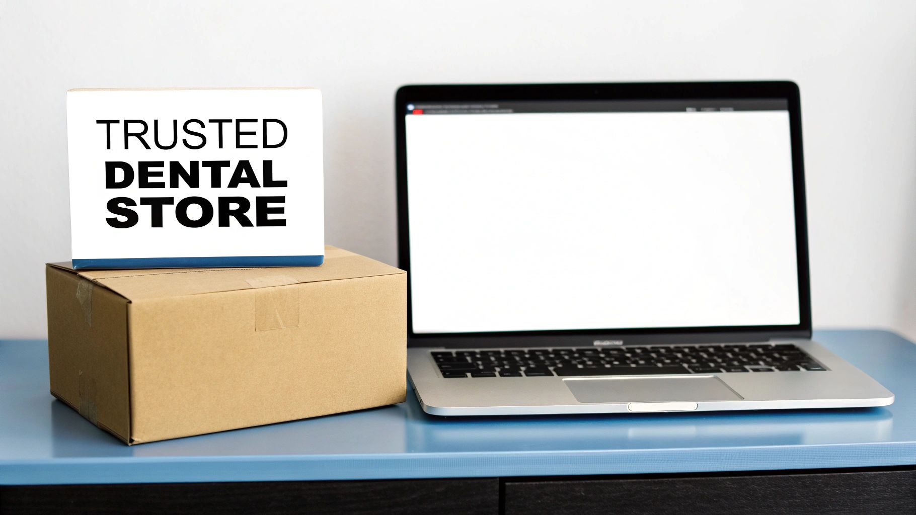 A delivery box and a sign for a "Trusted Dental Store" next to a laptop on a blue desk.
