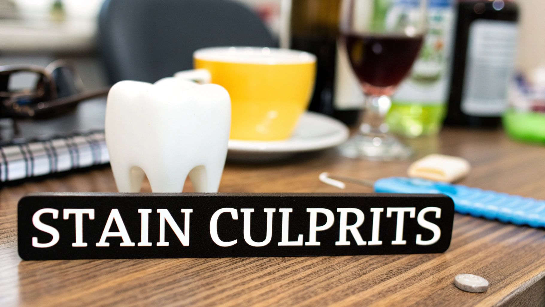 A dental model tooth and a sign 'STAIN CULPRITS' next to coffee and wine, highlighting causes of teeth stains.