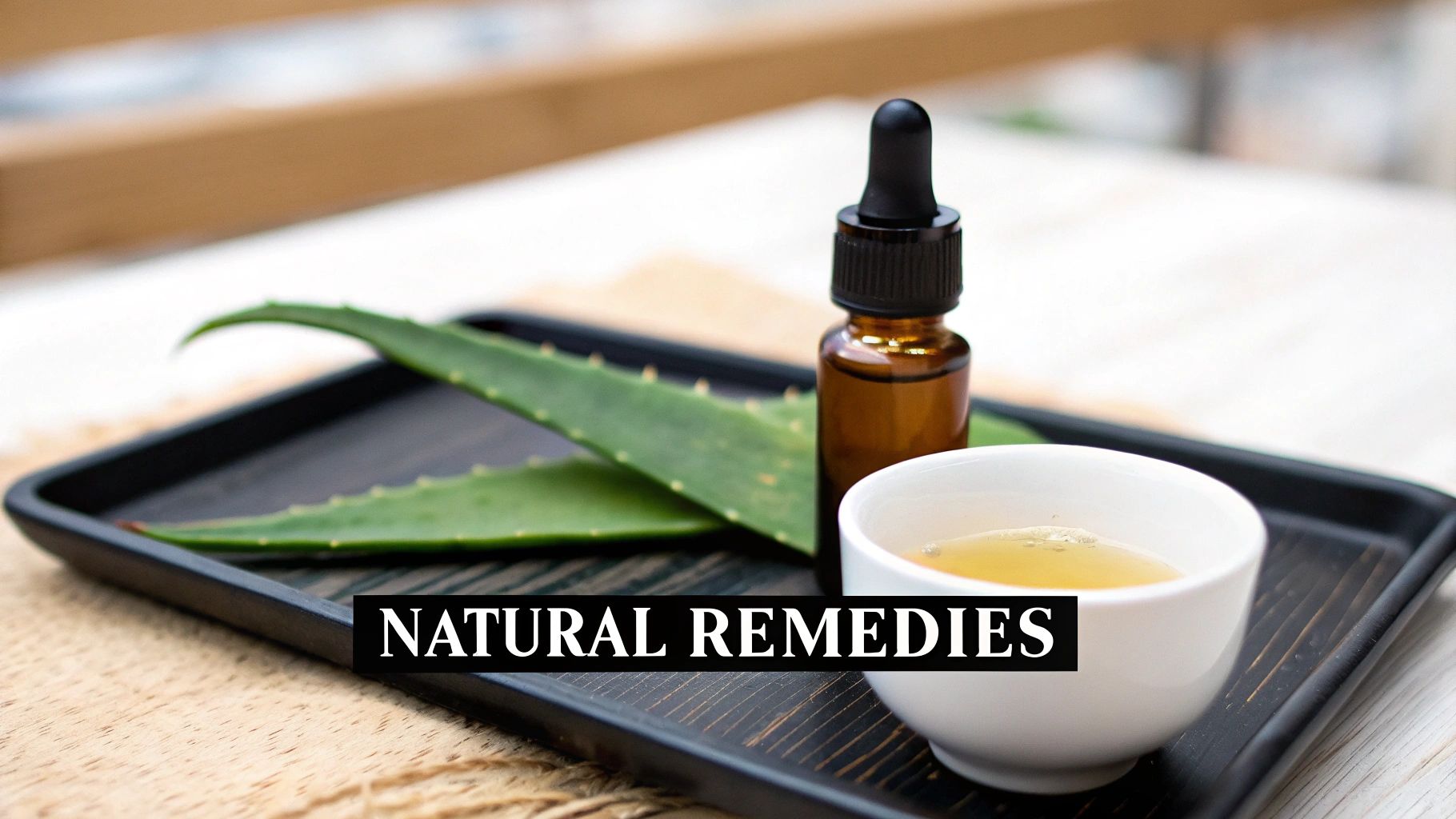 Aloe vera leaves, an essential oil bottle, and a cup of herbal liquid on a tray for natural remedies.