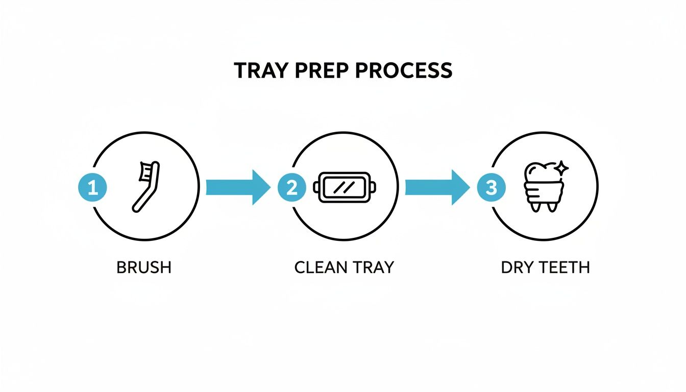 Infographic showing a three-step tray preparation process: brush, clean tray, and dry teeth.